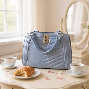 Bebe Quilted Chevron Satchel Handbag Light Blue Faux Leather Gold B Logo